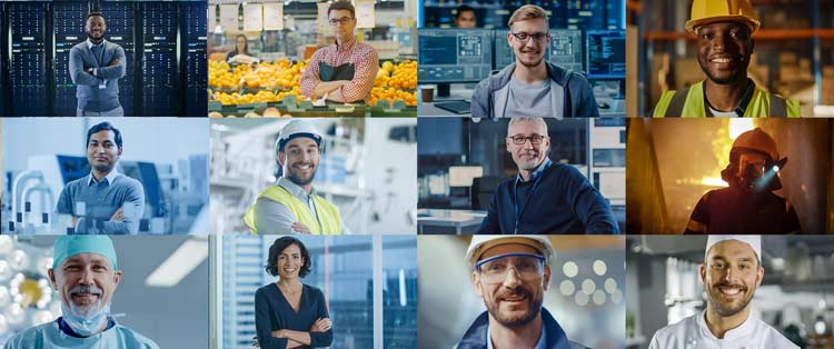 A collage of images showing a grid of people from a variety of different industries.